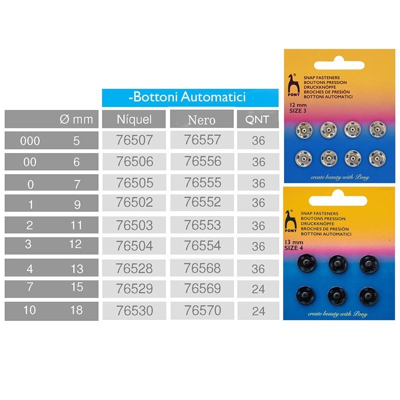 BOTTONI AUTOMATICI  NICHEL 9 MM BLISTER DA 36 PEZZI