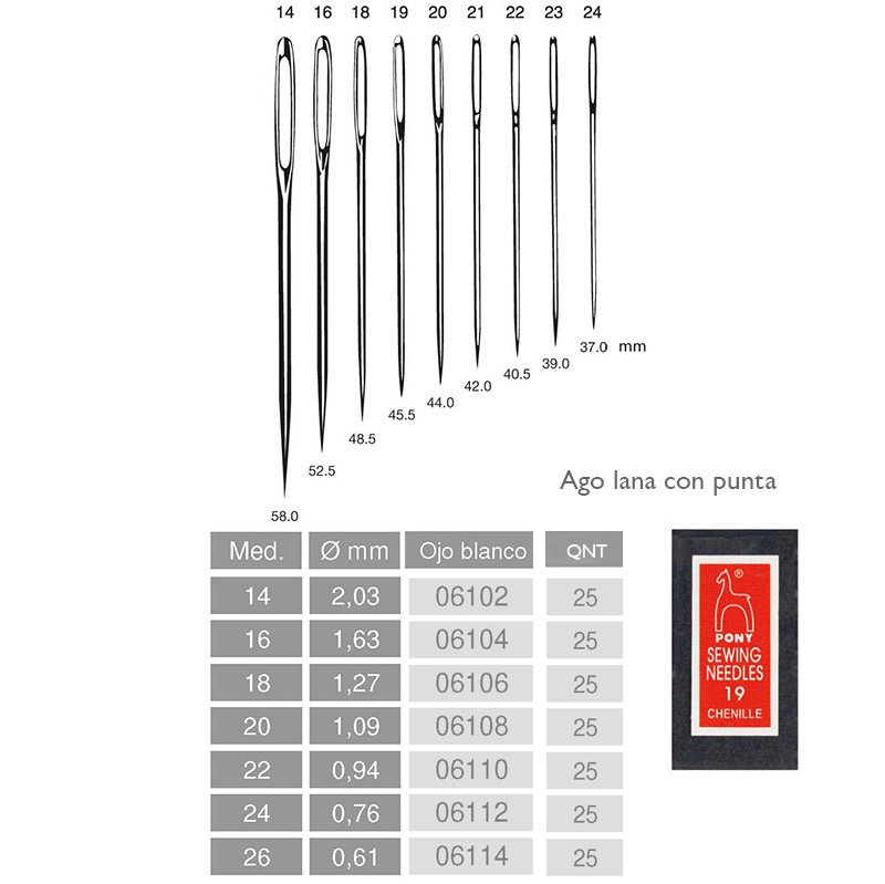 AGHI LANA CON PUNTA CHENILLE MISURA 14 CARTINA DA 25 AGHI