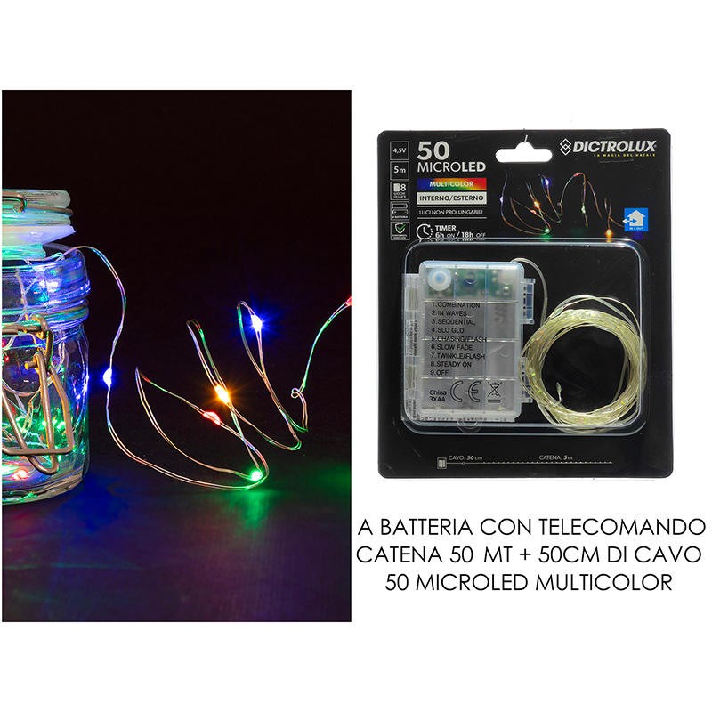 CATENA 50 MICROLED CON TIMER MULTICOLOR A BATTERIA 5 METRI