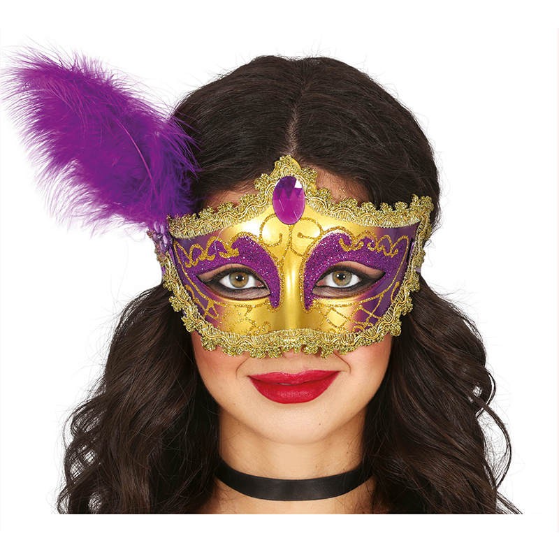 MASCHERA ORO/VIOLA CON PIUMA