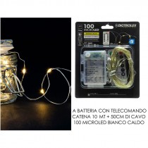 CATENA 100 MICROLED C/TELECOMANDO BIANCO CALDO A BATTERIA 10 METRI