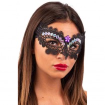 MASCHERA IN TESSUTO MACRAME' CON STRASS COLORATI SU CARTONCINO