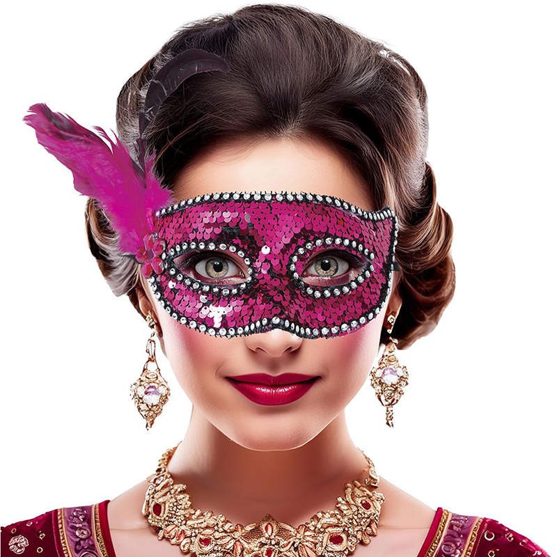 MASCHERA CON PAILLETTES E PIUME ROSA