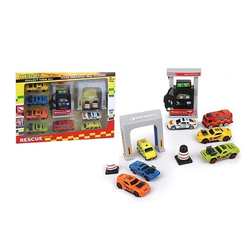 SET 7 VEICOLI CON DISTRIBUTORE DI BENZINA HEROS