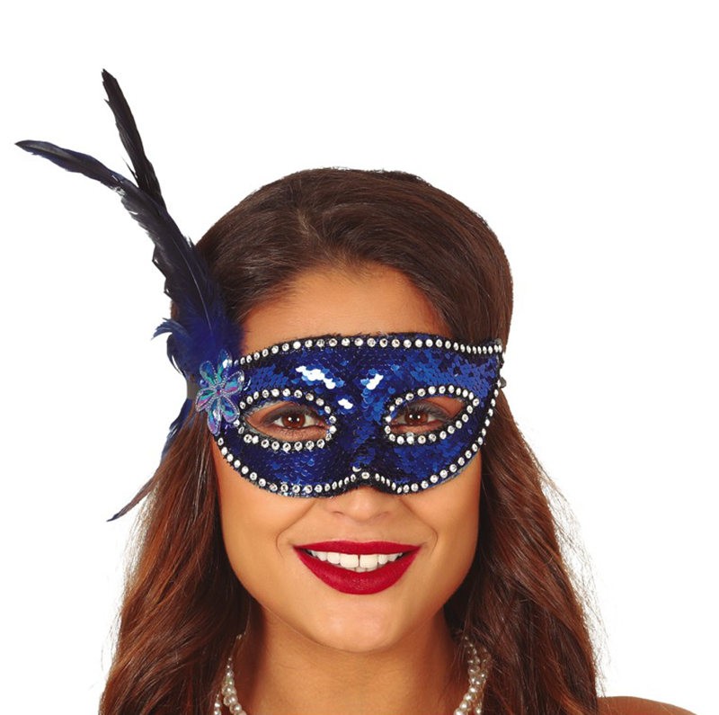 MASCHERA CON PAILLETTES BLU CON PIUMA