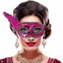 MASCHERA CON PAILLETTES E PIUME ROSA